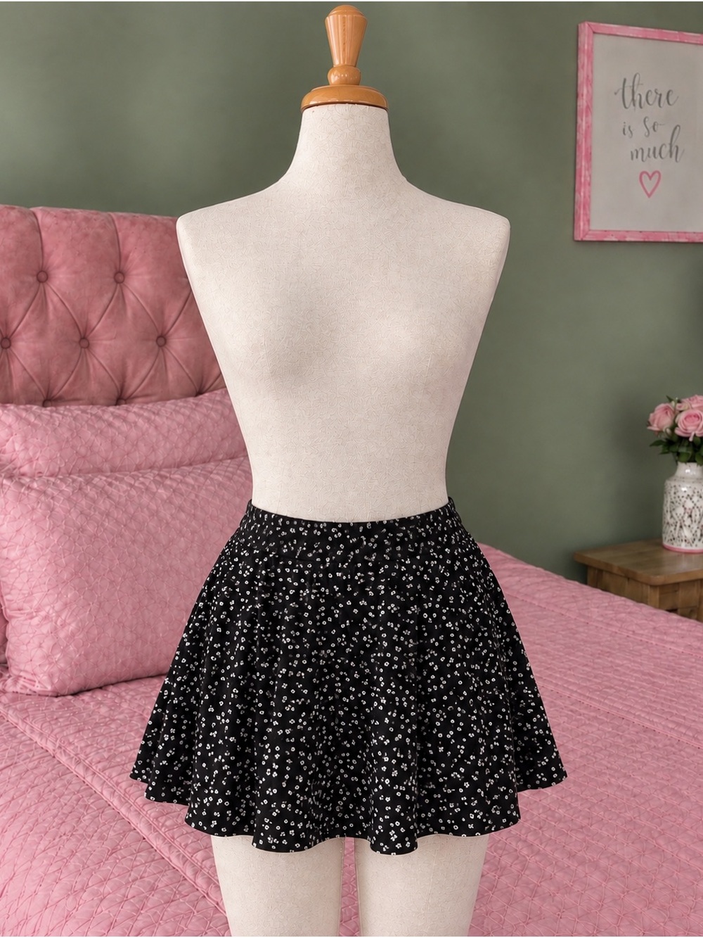 & Other Stories Black Mini Skirt with White Floral Print